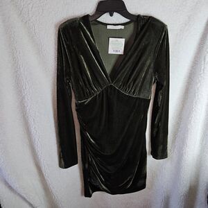 Lush Velvet Vivacious Long Sleeve Dark Olive Mini Dress Size Medium NWT